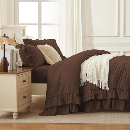 Andency Brown Full Size Comforter Set (79x90Inch), 3 Pieces Fluffy Farmhouse Shabby Chic Ruffle Bedding Comforter Sets, All Season Soft Lightweight Bed Set