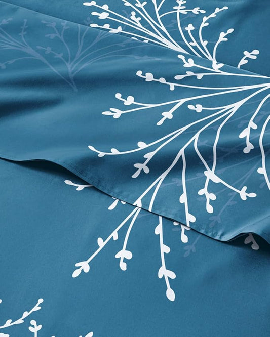 Floral Sheets - Blue & White Floral Bed Sheet Set - 1 Flat, 1 Fitted & 1 Pillowcase w/ Deep Pockets - Wrinkle & Fade Free - Boho Botanical Bedding - Ultra-Soft, Breathable & Cooling - Twin XL Size Set