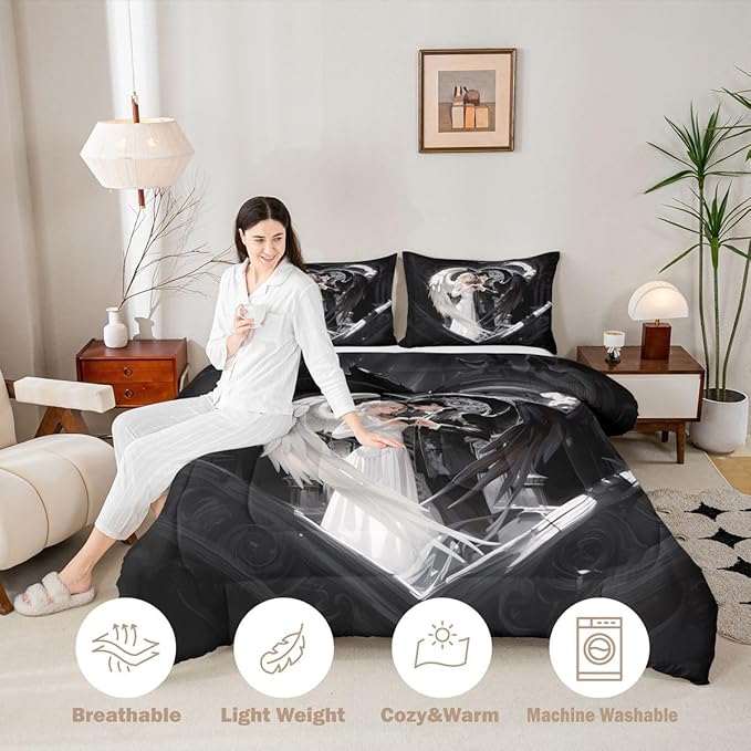 Erosebridal Angel Wings Kids Bedding | Black and White Angel Full Comforter Sets,Romance Love Comforter Princess Fairy Style Duvet Insert with 2 Pillow Cases