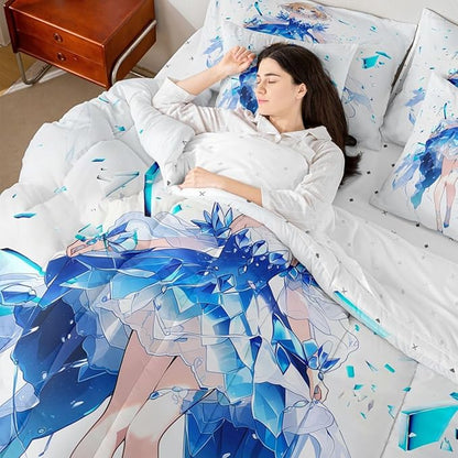 Erosebridal Anime Girl Queen Comforter Set 7 Piece Japanese Girl Bedding Set,3D Anime Cartoon Bed in A Bag for Kids,Japanese Style Sheet Set with Comforter(Blue)