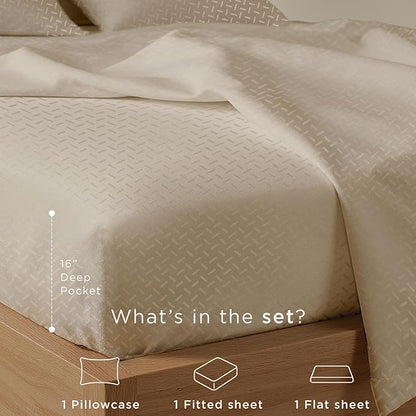 Threadmill Cotton Twin XL Sheet Set | 100% Cotton Sheets for Twin XL Size Bed | Damask Jacquard Sateen Twin XL Bed Sheets Set with 16” Deep Pocket | Soft Breathable 3-Piece Cooling Sheet Set | Beige