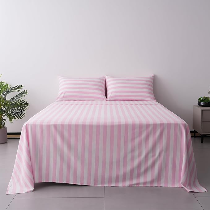 Best Season Bed Sheet Set 4 Piece -Full Size-Soft Durable Microfiber Bedding Sheet Set,Deep Pocket,Stain,Fade & Wrinkle Resistant Green and White Pinstripe (Stripe Pink&White)