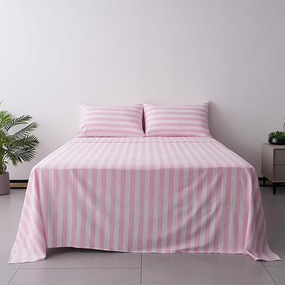 Queen Size Sheet Set 4 Piece -Pinstripe Microfiber Soft Durable Bedding Sheet Set,Deep Pocket,Stain,Fade & Wrinkle Resistant (Stripe Pink&White)