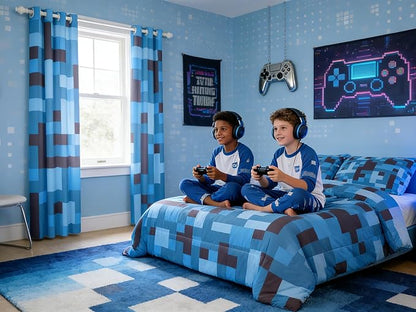 Pixel Grid Miners Kids Bedding Set Queen Size,Reversible Gamepad Video Games Comforter Set，Army Camo Geometric Quilt Comforter,Black Light Blue Bedroom Duvet Insert,2 Pillowcases