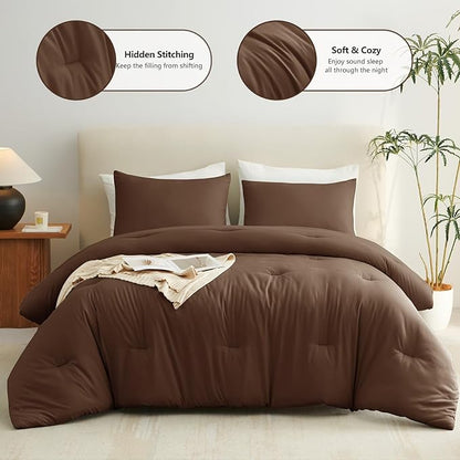 CozyLux Queen Comforter Set Brown, 3 Pieces Solid Comforters Queen Size Breathable Quilted Bedding Sets, Luxury Soft Lightweight Bed Set with Down Alternative Comforter and 2 Pillowcases All Seasons