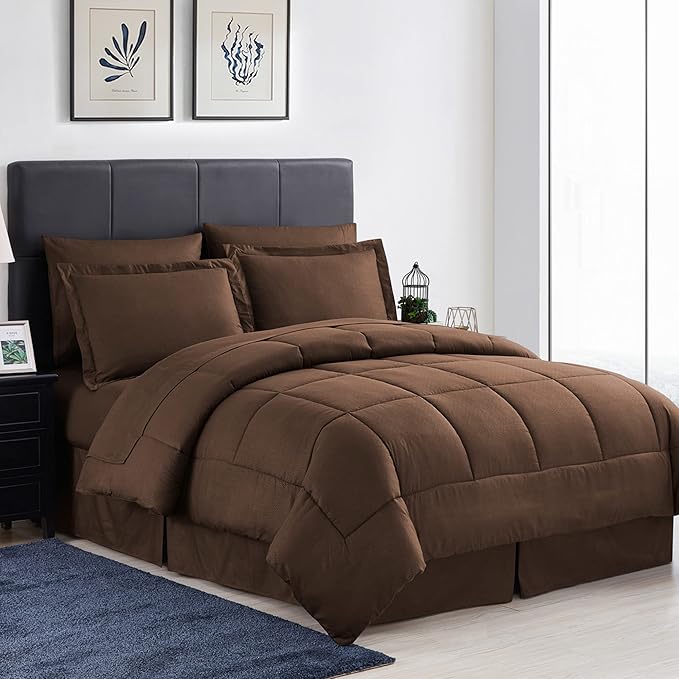 Queen Comforter Set 8 Piece Bed in a Bag with Bed Skirt, Fitted Sheet, Flat Sheet, 2 Pillowcases, 2 Pillow Shams, Queen, Greek Key Chocolate