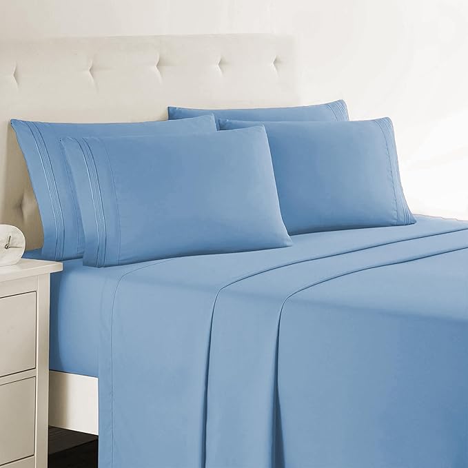 Clara Clark Cal King Sheets, 6 Piece Set - Hotel Luxury Sheets for Cal King Size Bed, Super Soft Bedding Set, Cal King Size, Blue Heaven