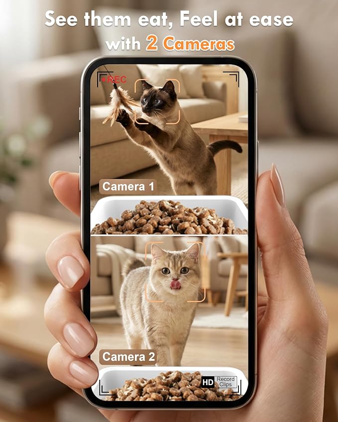 Yakry Automatic Cat Feeder for 2 Cats with Dual Bowls & Two HD Cameras | Easy Setup 5GHz Stable WiFi APP Control Cat Food Dispenser with IR Night Vision - 8L Pet Feeder for Multi-Cat & Small Dogs