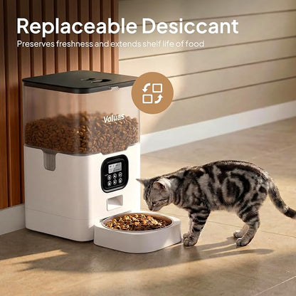 VOLUAS Automatic Cat Feeder, 6L Timed Dry Food Dispenser for Cats & Dogs | Programmable Portion Control, Up to 4 Meals Daily, Dual Power Supply, Power-Off Memory, 10-Second Voice Recorder