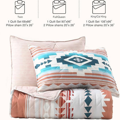HORIMOTE HOME Southwestern Aztec Quilt Set Queen/Full Size - 3-Piece Tribal Geometric Pattern Bedspread with 2 Pillow Shams, Boho Rustic Bedding Set All Season Quilted Coverlet （Terracotta/Teal）