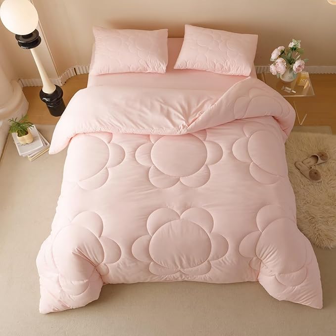 Cottonight Pink Sunflower Comforter Set Full Blush Pink Floral Bedding Set Women Girls Boho Farmhouse Chic Blanket Quilts Soft Breathable Baby Pink Full Size 3 Piece Bedding Set for Full Bed