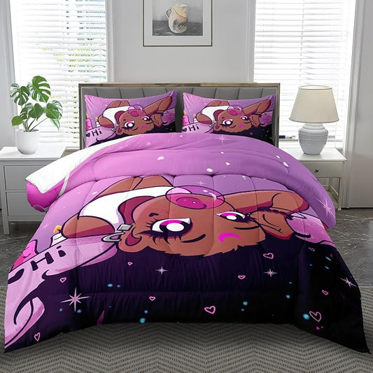Black Girl Comforter Set Twin Cute Bedding Set College Dorm Girl Cartoon Teen Black and Pink Comforter Twin Kawaii Room Decor Cartoon Bedding Quilt Decor Kids