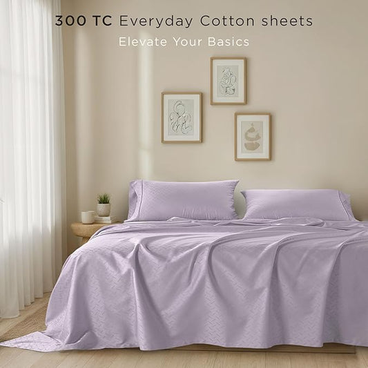 Threadmill Cotton Queen Sheet Set - 100% Cotton Damask Jacquard Sheets With 16" Deep Pocket - Soft Sateen Weave 4-Piece Cooling Bedding for Queen Size Bed - Lilac