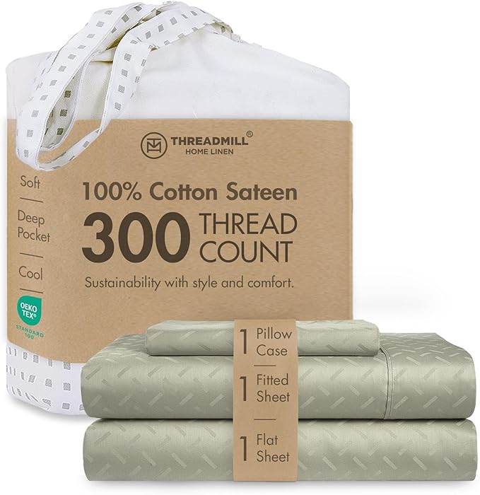 Threadmill Cotton Twin Sheet Set | 100% Cotton Sheets for Twin Size Bed | Damask Jacquard Sateen Twin Bed Sheets Set with 16” Deep Pocket | Soft Breathable 3-Piece Cooling Sheet Set | Sage Green
