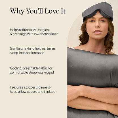 Kitsch Satin Pillowcase with Zipper for Hair & Skin - Softer Than Silk Pillow Cases, Smooth Cooling Satin Pillow Case, Wrinkle-Free, Machine Washable, Pillow Cases Standard Size 19x26 - Charcoal, 2pc