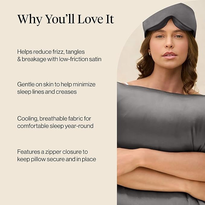 Kitsch Satin Pillowcase with Zipper for Hair & Skin - Softer Than Silk Pillow Cases, Smooth Cooling Satin Pillow Case, Wrinkle-Free, Machine Washable, Pillow Cases Standard Size 19x26 - Charcoal