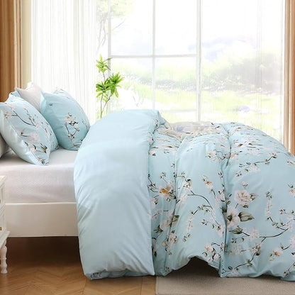 MUXHOMO Duvet Cover Queen Size, Reversible Floral Vintage Duvet Cover Set with Zipper Closure, 3 Pieces Botanical Patterns Soft Microfiber Bedding Set (90"x90", 2 Pillow Cases, Ceiba Blue)