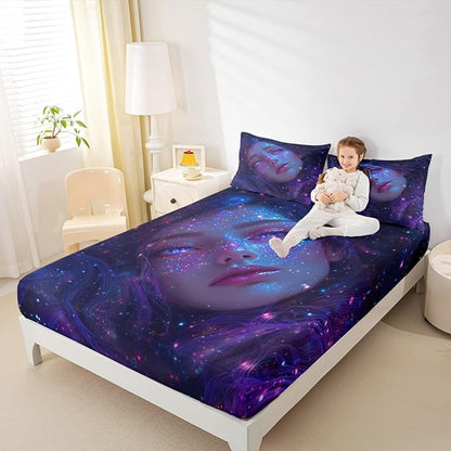 Erosebridal 3D Japanese Girl Fitted Sheet with Glitter Stars Decorations Galaxy Bed Sheets Full Size 3 Pieces Anime Decor Bedding Set, Fashion Anime Gifts for Girls Sheets with 2 Pillowcases