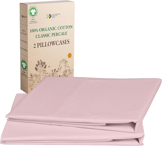 California Design Den 100% Organic Cotton King Size Pillow Case Set of 2 - Soft & Crisp Percale Organic Pillow Cases, Fits King Pillows (Pink - Chalky Tone) Pillow Cases