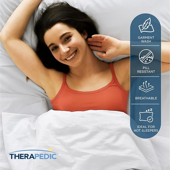 Therapedic 100% Egyptian Cotton Queen 6-Piece Sheet Set – Naturally Cooling & Breathable Sateen, Preshrunk Garment Wash, 16" Deep Pocket Fitted Sheet, Bonus Pillowcases, Soft & Durable - Dove