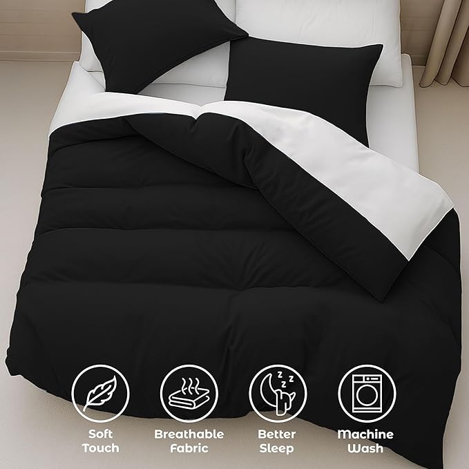 Pure Bedding Duvet Cover Queen Size - 3 Pieces Extra Soft Bedding Set, Includes 1 Duvet Cover 90x90 Inches with Zipper Closure & 2 Pillow Shams, Comforter Not Included, Black