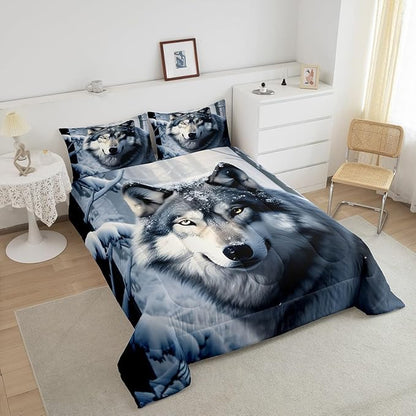 Castle Fairy Wolf Comforter Set Queen Size,Nature Wild Animals Quilt Set 3pcs,3D Print Winter Snow View Bedding Set for Kids Teens Adults Home Decor,White Black Microfiber with 2 Pillowcases