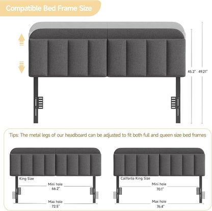 Adjustable Headboard for King/California King Size Bed Frame, Linen Fabric Bed Headboard with Storage & RGB LED Light in Modern Vertical Channel Design, Dark Grey