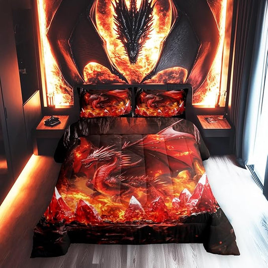 Castle Fairy Dragon Comforter Set Toddler Size,Glowing Flame Dragon Bedding Set for Kids Teens Bedroom,Western Fierce Animals Down Comforter,2 Pcs 1 Pillowcase