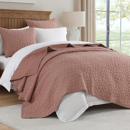 HORIMOTE HOME 100% Cotton Quilt Set King Size, Cameo Rose Pre-Washed Bedspreads Coverlet Set with Cobblestone Pattern, Cozy Lightweight Stitching Decorative Bedding Cover for All Seasons