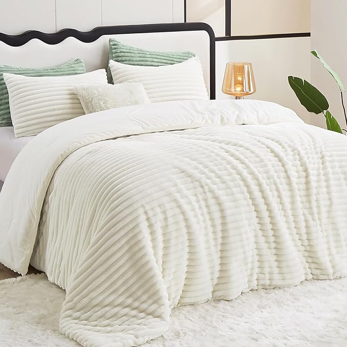 CozyLux Fluffy Full Size Comforter Sets - Super Soft Faux Fur Cream White Comforter Full Size, Winter Warm Fleece Bedding Set, 3 Pieces Plush Fuzzy Bed Set (1 Shaggy Comforter, 2 Pillowcases)