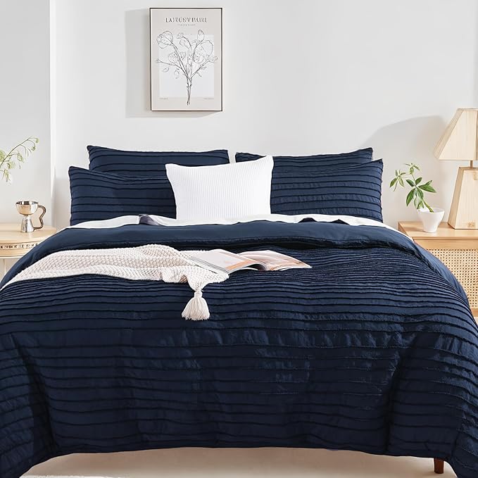 NEXHOME PRO Twin Duvet Cover,Navy 2 Pieces Boho Tufted Duvet Cover Set, Soft and Lightweight 100% Washed Microfiber Comforter Cover Set for All Season(Navy Twin, 66 x 90)-No Comforter