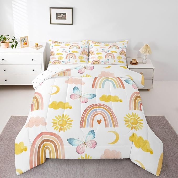 Rainbow Comforter Set King Size, Girls Butterfly Bedding Sets, Cartoon Rainbow Quilt Sets, Colorful Sun Clouds Comforters, Iridescent Print Down Comforter, Geometric Stripes Soft Lightweight Bedding