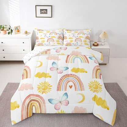 Rainbow Comforter Set King Size, Girls Butterfly Bedding Sets, Cartoon Rainbow Quilt Sets, Colorful Sun Clouds Comforters, Iridescent Print Down Comforter, Geometric Stripes Soft Lightweight Bedding