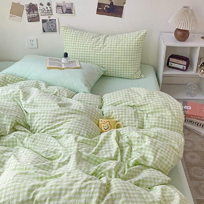 LifeTB Queen Comforter Set Green Gingham Bedding Comforter Set 3 Pieces Brown Grid Bed Comforter with 2 Pillowcases Vintage Checkered Plaid Comforter Fluffy Soft Farmhouse Grid Bedding Set