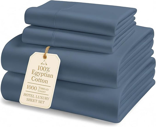 LANE LINEN 100% Egyptian Cotton Sheets King Size - 1000 Thread Count King Bed Sheets, Ultra-Soft Hotel Luxury with 15" Deep Pocket, Naturally Breathable & Durable, Silky Sateen Weave - Estate Blue