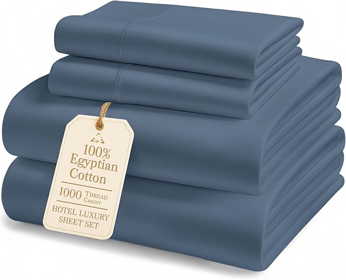 100% Egyptian Cotton Queen Bed Sheets Set - 1000 Thread Count Autthentic Long Staple Cotton Bed Sheets, Breathable Winter Comfort, Ultra-Soft Hotel Luxury Comfort with 15" Deep Pocket - Estate Blue