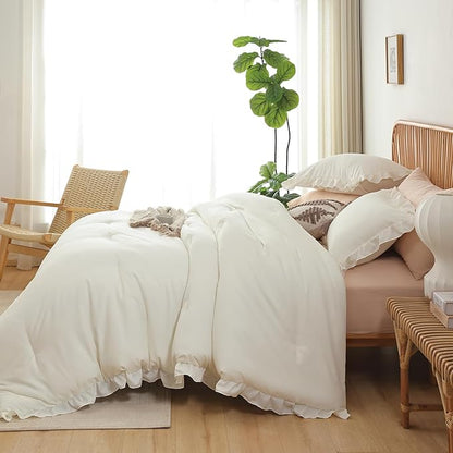 JANZAA Twin Comforter Set Creamy White Ruffle Comforter with 1 Pillowcase Soft Twin Size Bed Set Vintage Farmhouse Bed Comforter Set Fluffy Shabby Chic Bedding for All Season