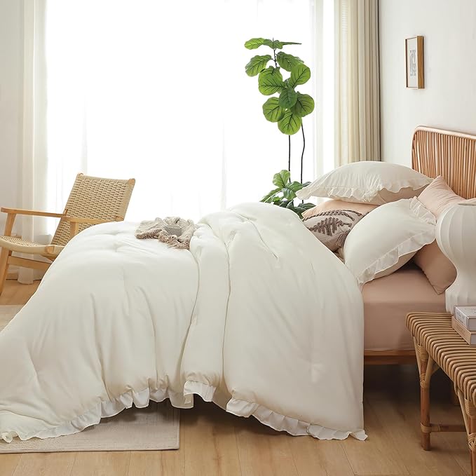 JANZAA Full Comforter Set Creamy White Ruffle Comforter with 2 Pillowcase Soft Full Size Bed Set Vintage Farmhouse Bed Comforter Set Fluffy Shabby Chic Bedding for All Season