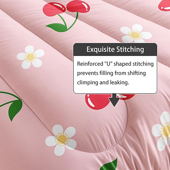 Pink Kawaii Bedding Set for Girls,3Pcs Cute Cartoon Fruit Printed Bedding King Size,Cherries and Flowers Comforter for Kids Girls Women,Lovely Pink Floral Comforter Set 1 Quilt 2 Pillowcases