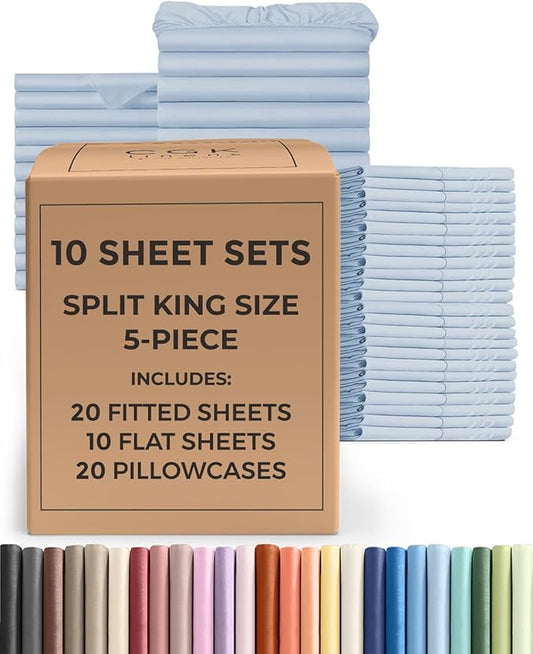 Bulk Case Pack of 10 Sheet Sets - (10) Complete Split King Size Sheet Sets w/ Deep Pockets - Wholesale Bulk Bedding for Hotels, Spas & Airbnbs - Breathable and Wrinkle Free - (Split King, Sky Blue)