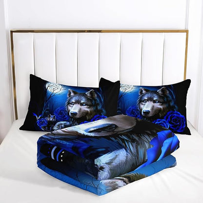 Wolf Bedding Set King Size,Blue Rose King Size Comforter Set,King Size Wolf Comforter Bed Set,King Quilt Bedding Set Rose,Wolf Bedding Set King Size Animal Print Comforter Set