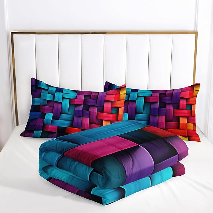 Colorful Checkered Comforter Set Full 3D Grid Bedding Sets 3PCS for Kids Teen Adult Room Decor Ultra-Soft Lightweight Microfiber 1 Comforter with 2 Pillowcases