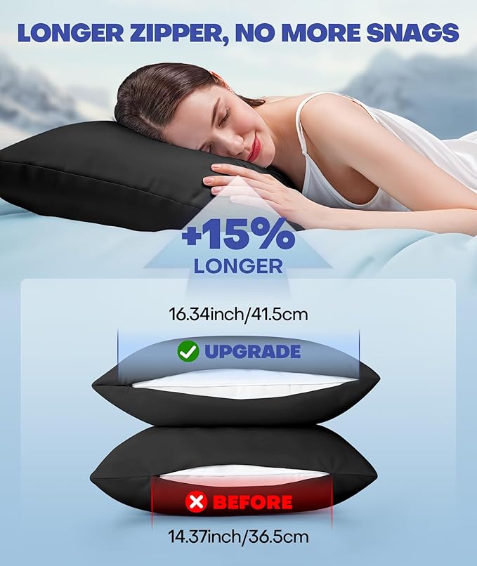 Ice Cooling Pillowcase for Hot Sleepers – Instantly Cool, Stays Cold All Night, Smoother Than Silk Pillow Cases, Pillow Covers with Invisible Zipper, Gift for Men & Women - King Size, Black (1 Pack)