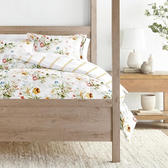 LINENS & HUTCH Comforter Set Patterned Microfiber All Season Down-Alternative Ultra Soft Bedding in Chintz Floral Stripe - Twin/TwinXL Chintz Floral Stripe Clay