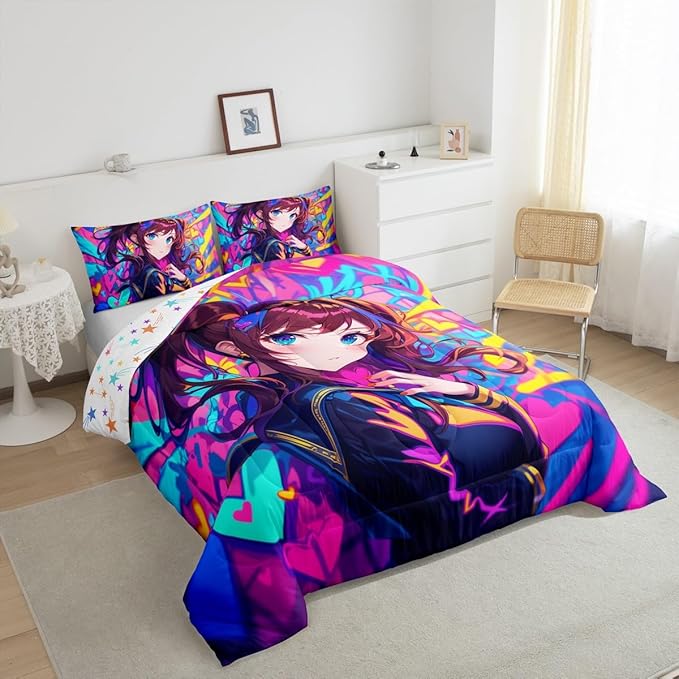 Erosebridal Anime Girl King Comforter Set, Japanese Anime Bedding Set for Kids Girls Teens Adult Bedroom, Cartoon Girl Bedding Comforter Sets Kawaii Japanese Animation Quilt 3 Piece, Purple