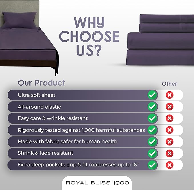 Queen Sheet Set - 4 Piece Bedding - Double Brushed Cooling Sheets, Deep Pocket, Plum