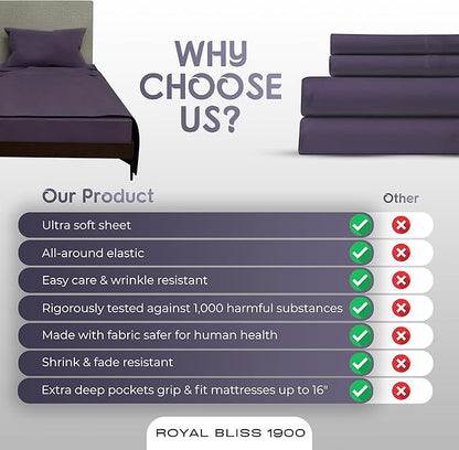 Royal Bliss California King - 4 Piece Deep Pocket Sheet Set for Adjustable Beds - Double Brushed Microfiber (Plum)