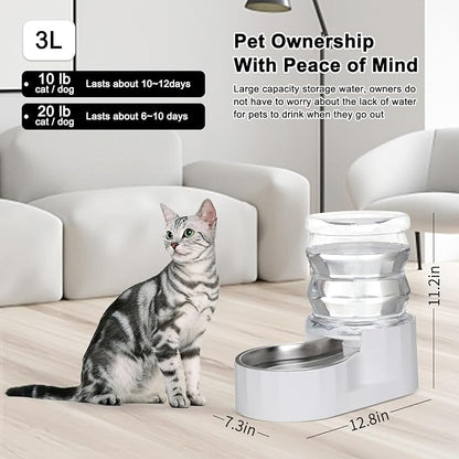 RIZZARI 4L Cat Water Dispenser – Stainless Steel, White, Gravity Fed | No Power Needed, Non-Slip Base, Easy-Clean, for Cats & Small Dogs, for Kitchen/Bedroom