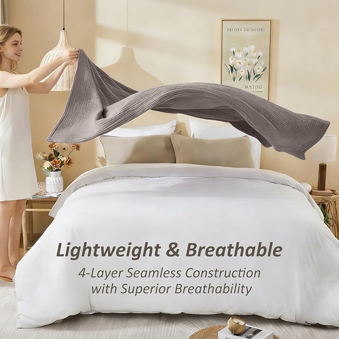 EMME Cotton Muslin Queen Blanket Bed Layering Bedspread Coverlet Breathable Gauze Soft Lightweight Blankets (Heather Brown, 90"x90")