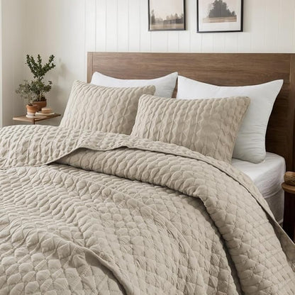 Beige Quilt Queen Size Bedding Sets with Pillow Shams, Lightweight Soft Bedspread Coverlet, Quilted Blanket Thin Comforter Bed Cover, All Season Summer Spring, Tan Cream, 3 Pieces, 90x90 inches